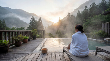 Fototapeta premium Wellness traveler wrapped in towel beside steaming outdoor pool overlooking misty forest mountains at sunrise showing spa retreat relaxation peaceful escape luxury resort healing moment