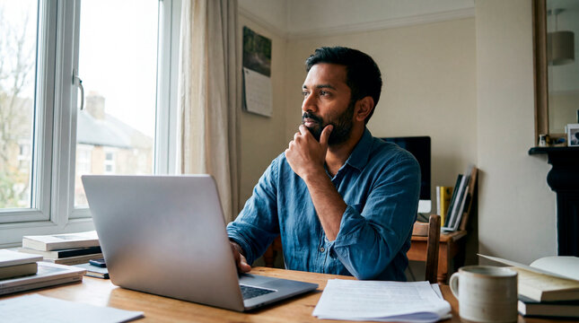 Contemplative man working remotely from home desk gazing through window in deep thought