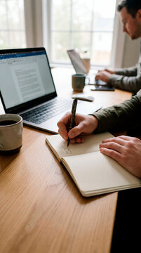 Focused professional writing in open notebook beside laptop and coffee mug at wooden desk