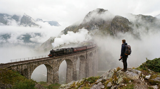 Photographer watches vintage steam train cross high stone viaduct through misty mountains for scenic railway travel adventure landscape memory concept railway tourism photography destination adventure