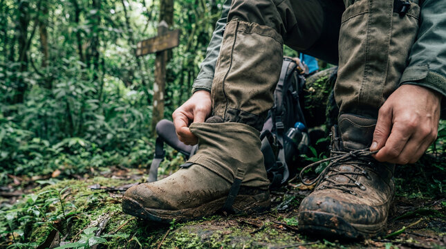 Hiker fastening muddy gaiter over boot on rainforest trail showing protective trekking gear preparation rugged footwear care outdoor adventure readiness during humid jungle expedition