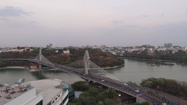 Aerial shot of traffic at Durgam Cheruvu Bridge at Hyderabad, India