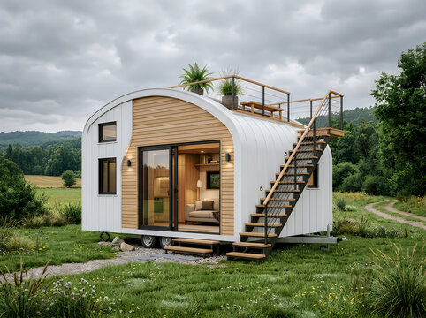Modern tiny house on wheels with rooftop deck in natural setting