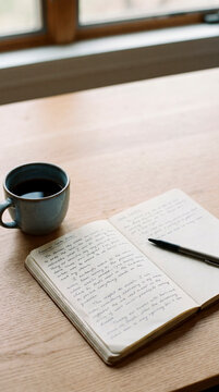 Open handwritten journal and pen resting beside coffee mug on wooden morning table