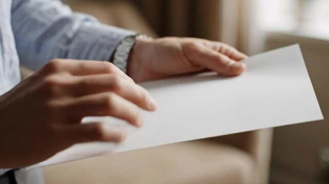 Close-up of a person holding and examining a blank white paper document sheet in a blurred indoor setting