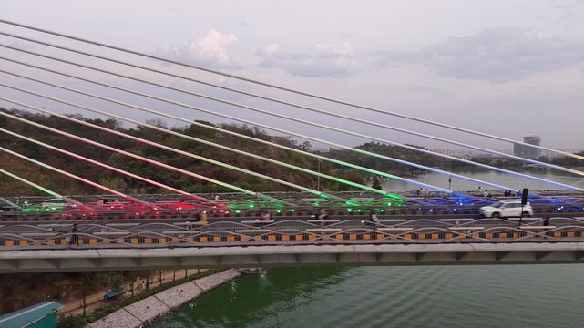 Aerial shot of traffic at Durgam Cheruvu Bridge at Hyderabad, India