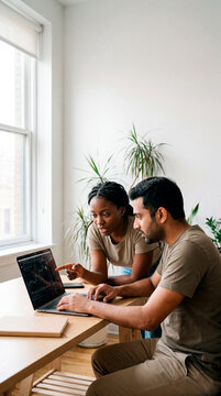 Focused diverse colleagues analyzing data charts on laptop in minimal home workspace
