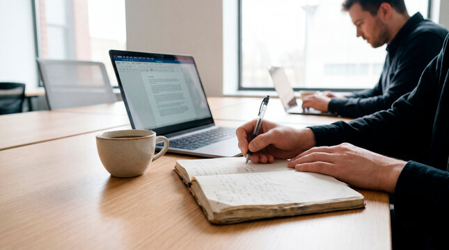 Focused professional man writing in notebook beside open laptop in coworking office