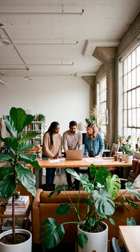 Diverse creative team gathered over laptop in lush plant filled industrial loft workspace