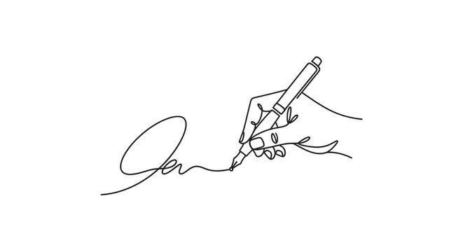 Hand signing a document with a pen, creating a signature on isolated white background
