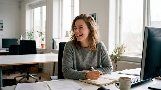 Engaged young woman laughing at office desk in minimalist Scandinavian workspace with mug