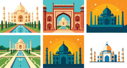 Fototapeta premium Collection of Taj Mahal illustrations and vectors showcasing India's famous landmark, an architectural monument