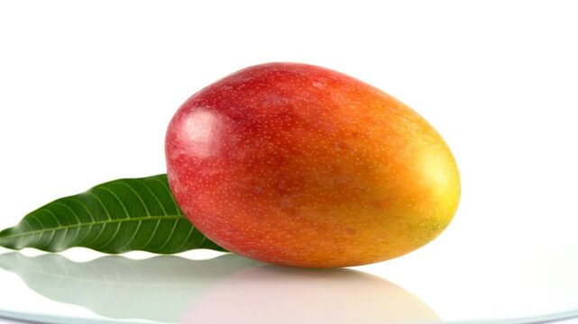 Ripe mango fruit resting with a green leaf on a glossy white surface against a clean background