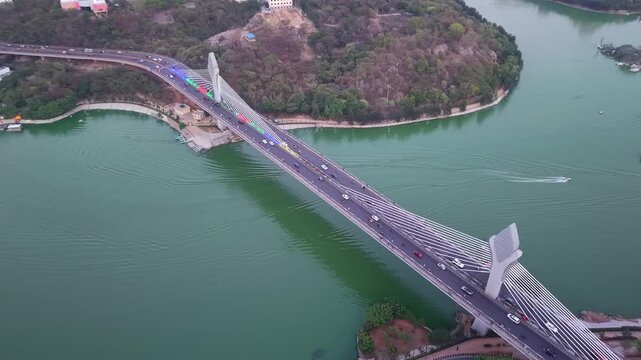 Aerial shot of traffic at Durgam Cheruvu Bridge at Hyderabad, India