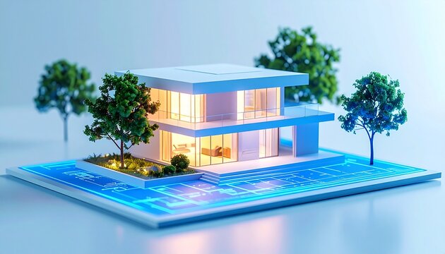 青写真の上に浮かび上がるモダンな住宅と樹木のクリーンな3Dイラスト
