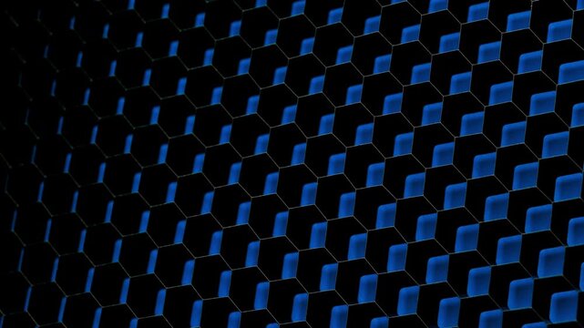 Blue hexagonal grid slow rotation. Close-up of black 3D honeycomb pattern with glowing blue edges. Smooth continuous rotation reveals depth and shifting light across the volumetric structure.