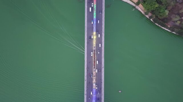 Aerial shot of traffic at Durgam Cheruvu Bridge at Hyderabad, India