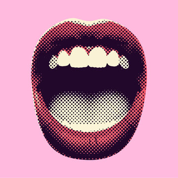 Pop art illustration of an open mouth with halftone dots