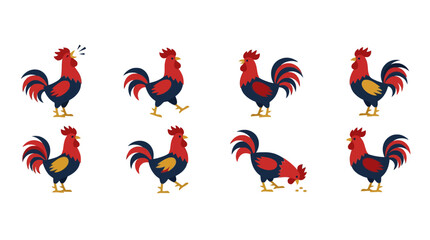 Set of colorful rooster illustrations in various poses © ahdun