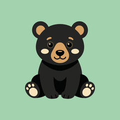 A cute black bear cub sits on a green background © faba