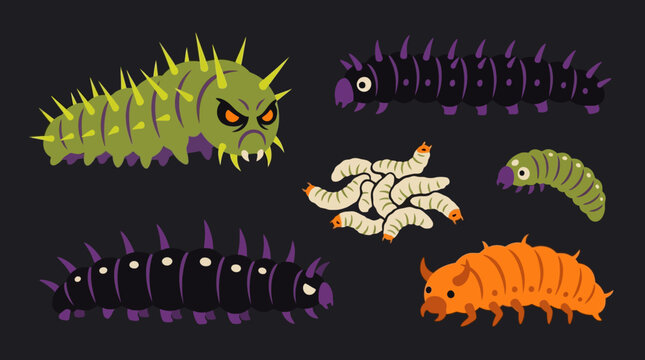 Cartoon collection of colorful caterpillars and insect larvae