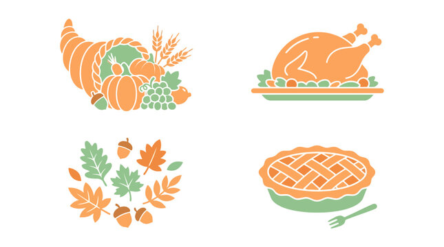 Flat vector icons of autumn harvest food and leaves