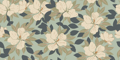 Sophisticated seamless vector pattern featuring retro magnolia blossoms and detailed foliage in a muted sage green and cream palette. Elegant print. © deepika