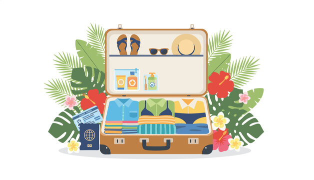 Open travel suitcase filled with beach vacation gear, tropical foliage, and clothing, ready for a fun summer holiday trip to an island resort.