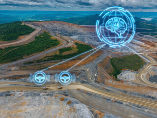 Aerial mining landscape with ai globe and autonomous steering icons for intelligent fleet...