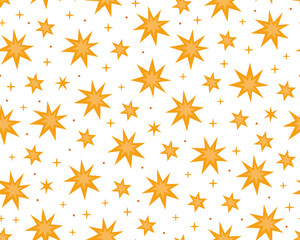 Seamless pattern with yellow stars on white background. Magic, mystical pattern. Cosmos, universe, night sky. Pattern for fabric, prints, design, or wrapping paper. © sorninai