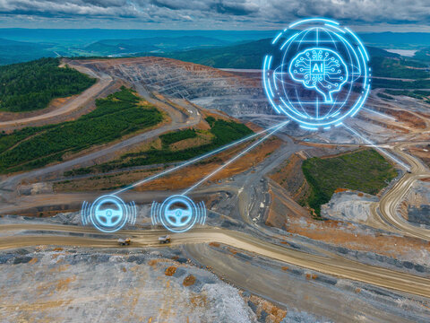 Aerial mining landscape with ai globe and autonomous steering icons for intelligent fleet management, industrial technology