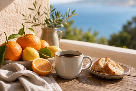 Mediterranean citrus breakfast on sunny terrace with sea view