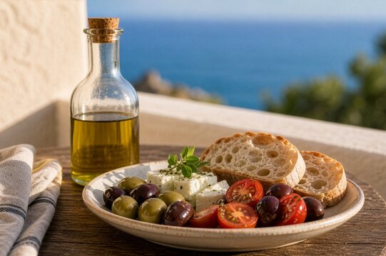 Mediterranean appetizer on terrace table with blurred sea