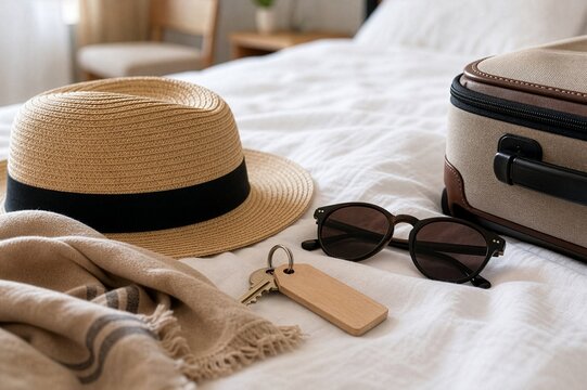 Travel arrival still life with hat sunglasses and suitcase
