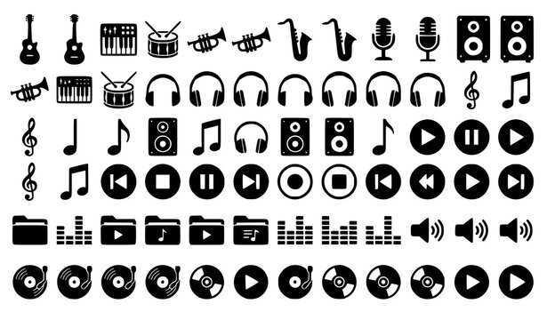 Professional black music icon bundle with instruments and audio control symbols