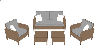 Fototapeta premium Contemporary outdoor patio lounge furniture set including a grey two-seater sofa two armchairs and two small square tables on white background.