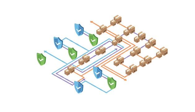 Isometric network diagram showing flow of packages between warehouses with security shield icons for tracking and logistics systems.
