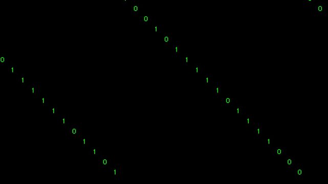 Abstract digital stream of binary code flowing diagonally on a black background, representing data transfer and technology.