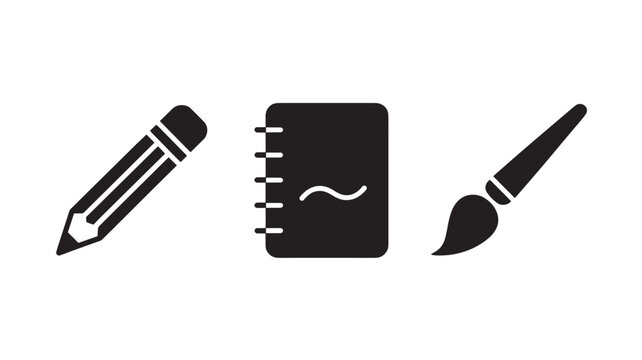 Stationery icons representing a pencil, a spiral notebook, and a paintbrush are arranged horizontally to showcase common creative tools used for artistic projects and academic work.