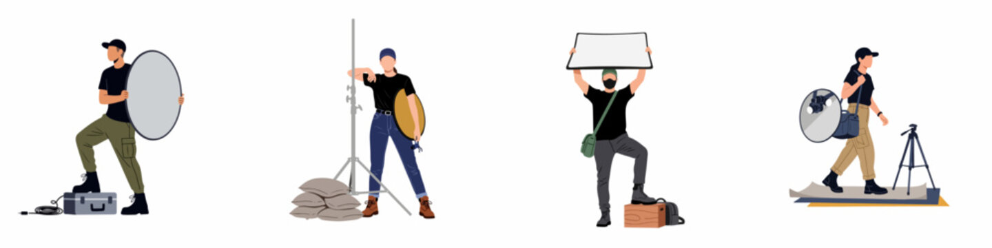 Set of diverse film and photography production crew members holding reflectors, C-stands, and tripods, isolated on a white background for creative projects.