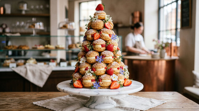 Large croquembouche tower with fresh strawberries in cozy bakery