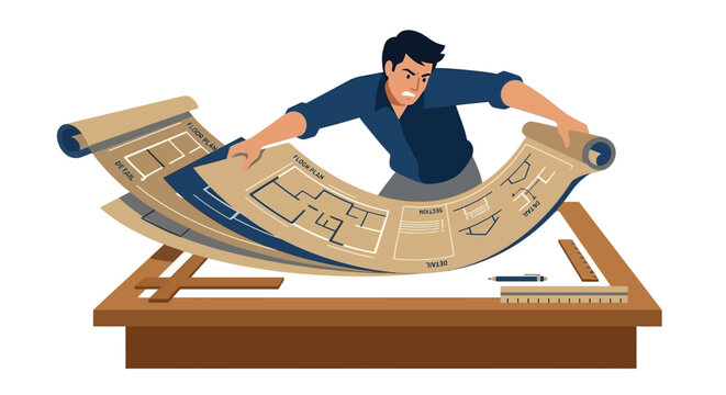 Architect reviewing large blueprint on drafting table.
