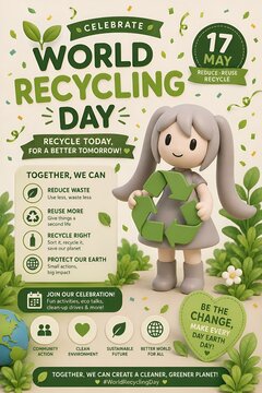 Cute 3D mascot celebrating World Recycling Day with recycling symbol and environmental awareness campaign