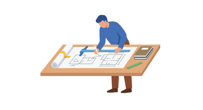 Architect reviewing detailed blueprints on a drafting table.