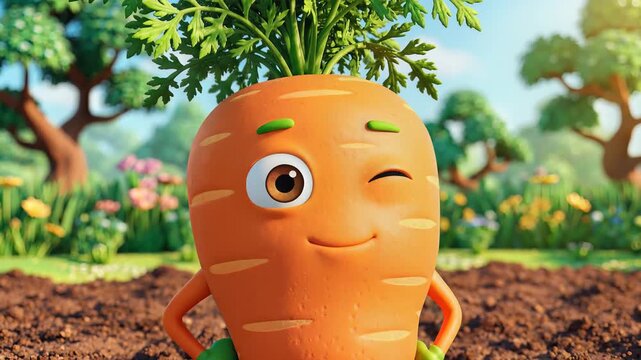 Happy animated carrot character waving in a garden setting fun food character