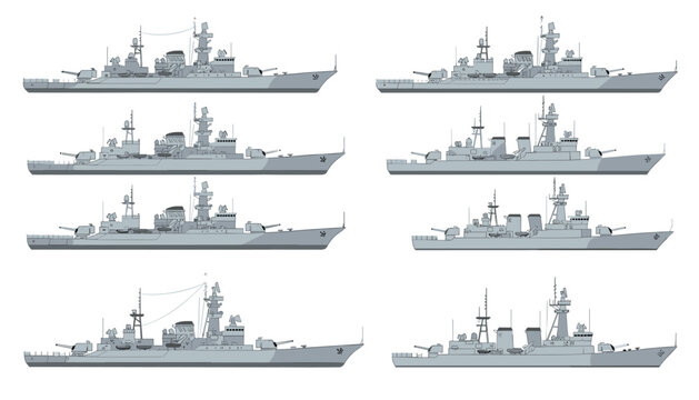Side profile collection of various modern naval frigates and destroyers designed for maritime patrolling and coastal defense military operations.