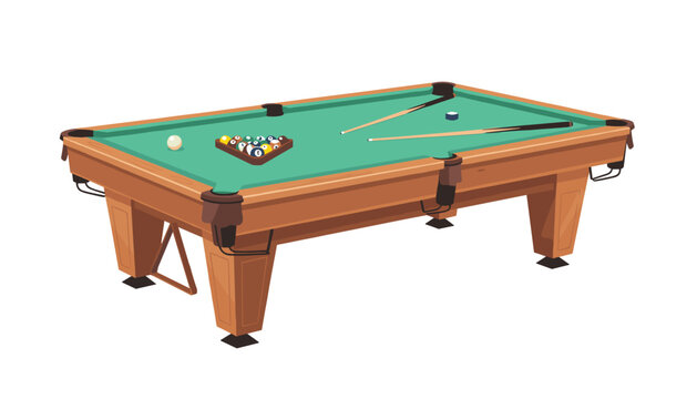 Classic billiard table setup with a rack of colorful balls and cue sticks ready for a game of pool in a recreation room or entertainment lounge.