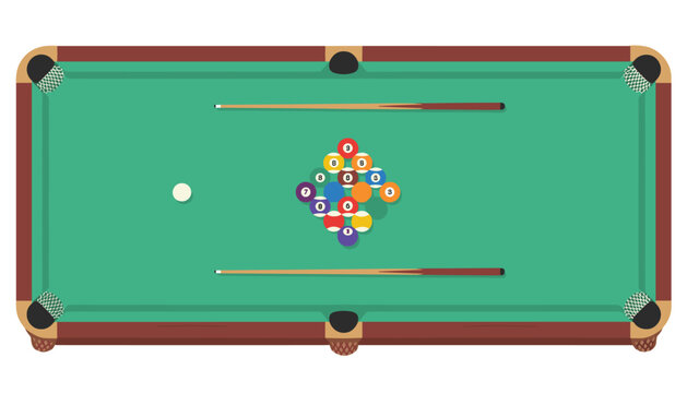 Top view of a billiard table with set balls and cues ready for a game on the vibrant green cloth surface of the professional pool table.