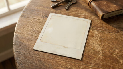 Fototapeta premium Vintage Polaroid photo rustic wooden table, surrounded by keys and leather bound notebook