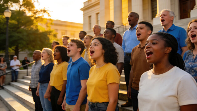 Diverse choir group singing outdoors in front of classical building at sunset